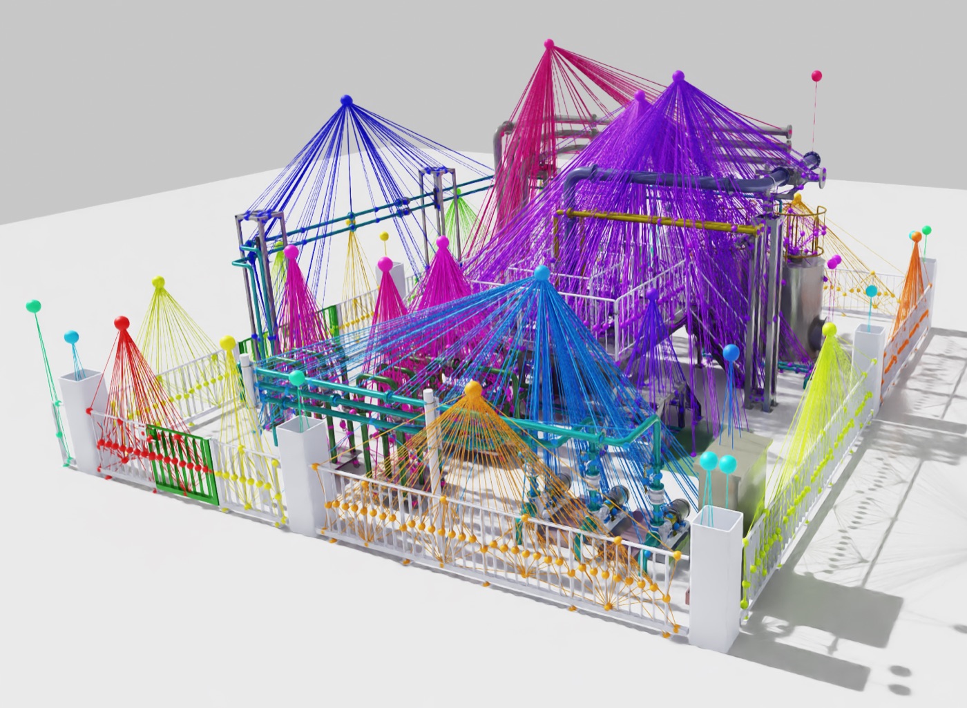 CAD産業環境の3Dシーングラフ可視化。プラント構造にセマンティックなノードと関係が重畳されている。